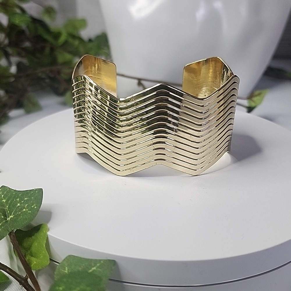 Gold Open Cuff Bracelet Zig Zag Abstract New